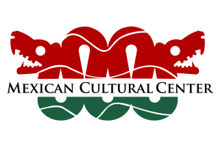 Mexican Cultural Center logo -- a two headed snake with the words "Mexican Cultural Center" and red and green colors.